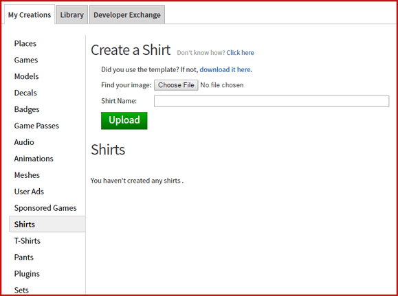 Roblox Develop Page Shirts